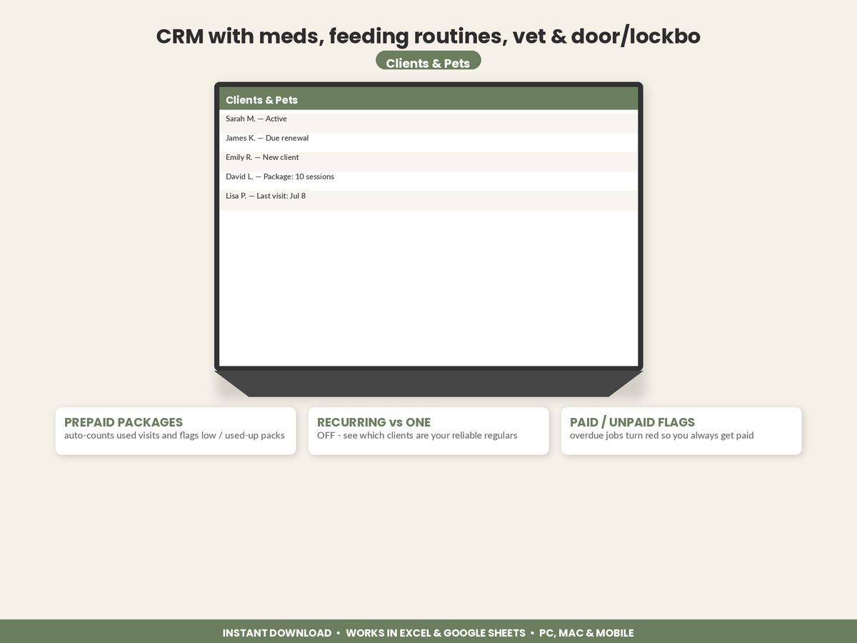 Dog Walking Pet Sitting Tracker spreadsheet - feature detail
