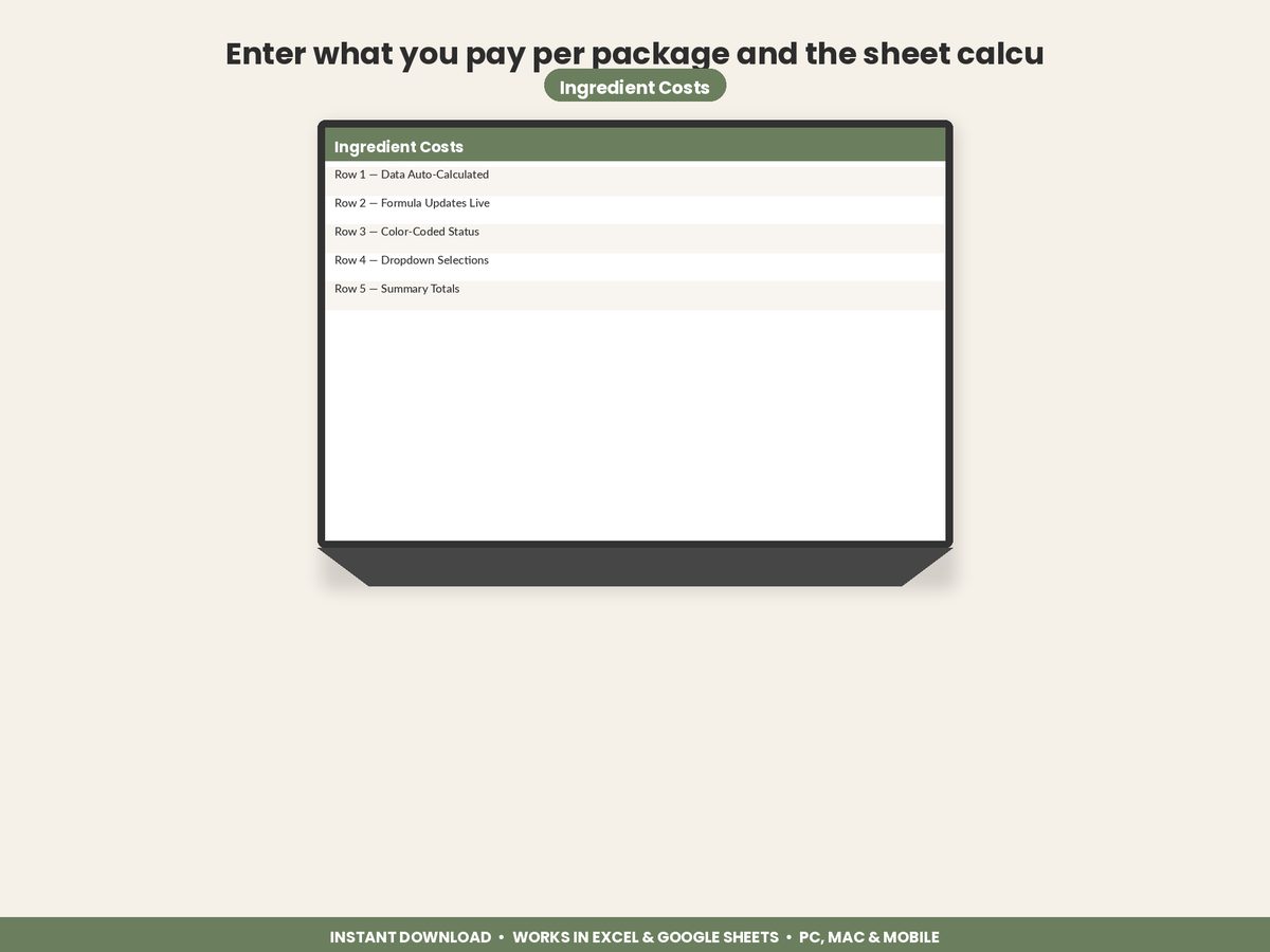 Home Bakery Pricing Calculator spreadsheet - feature detail