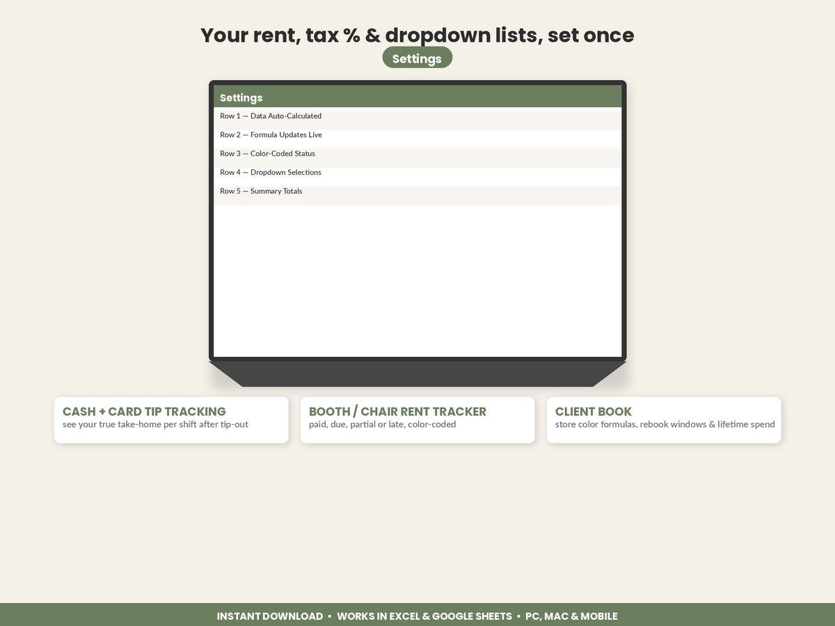 Salon Booth Renter Tracker spreadsheet - feature detail