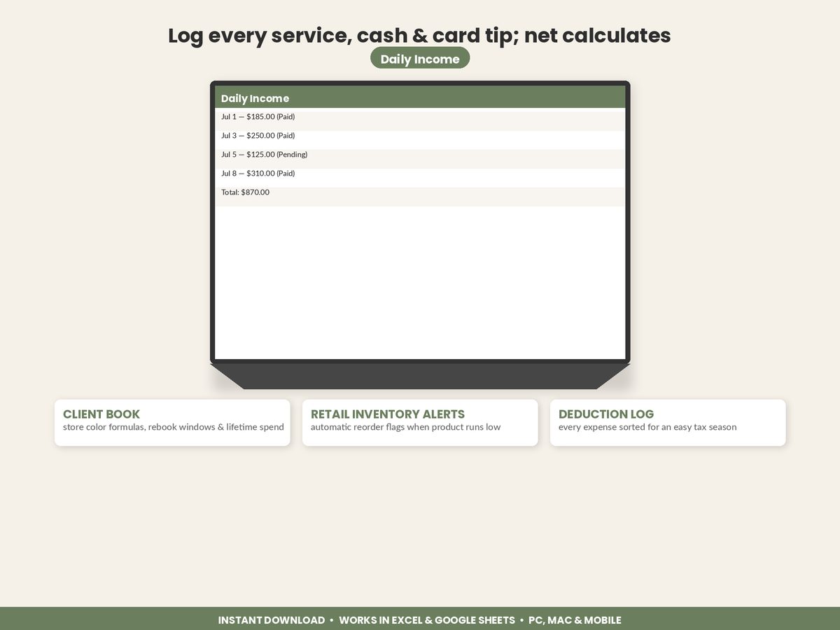 Salon Booth Renter Tracker spreadsheet - feature detail
