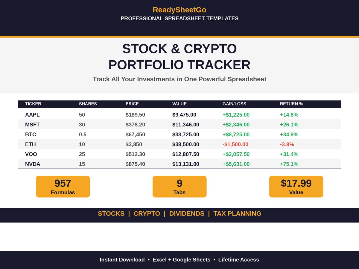 Stock Crypto Portfolio spreadsheet template - overview