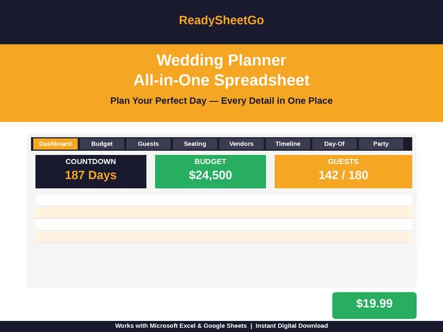 Wedding planner all-in-one spreadsheet template with budget, guest list and vendors